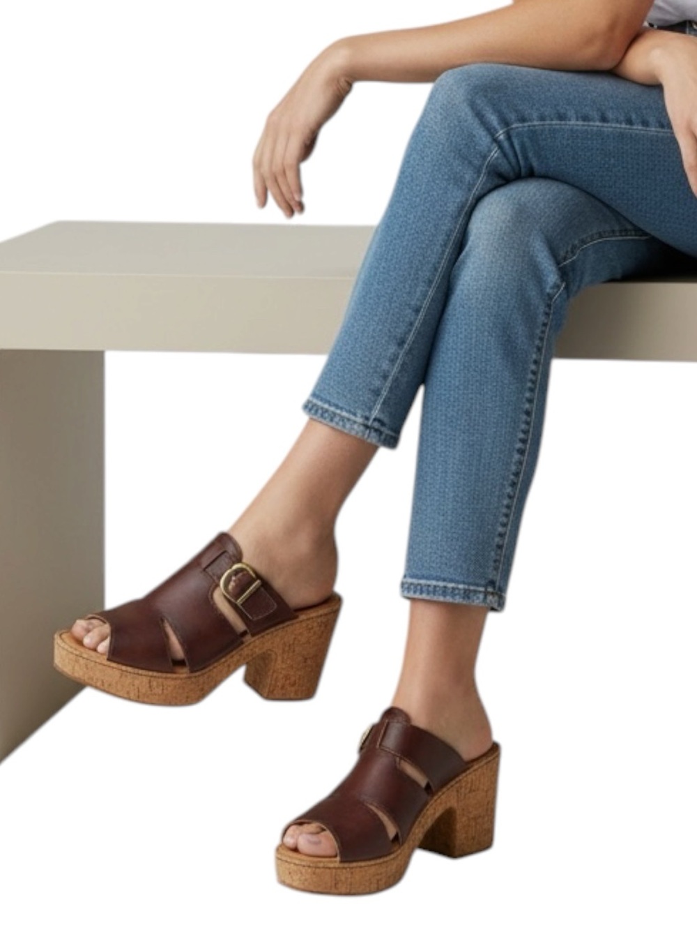 BORN Brown Leather Buckle Cork Heel Sandals Size 10 -- 90's / Y2K